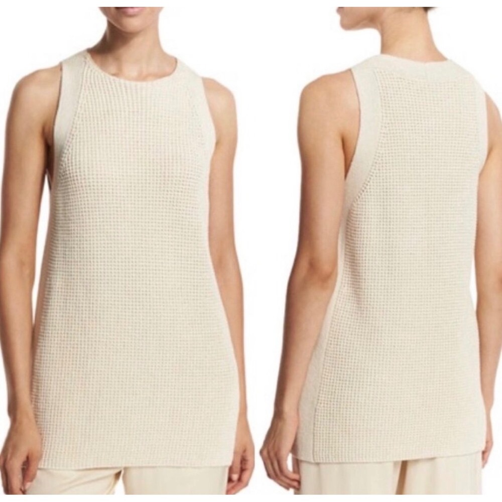 Vince Tunic Tank Top Women's Large Cream Sleeveless Waffle Stitch Knit Cotton